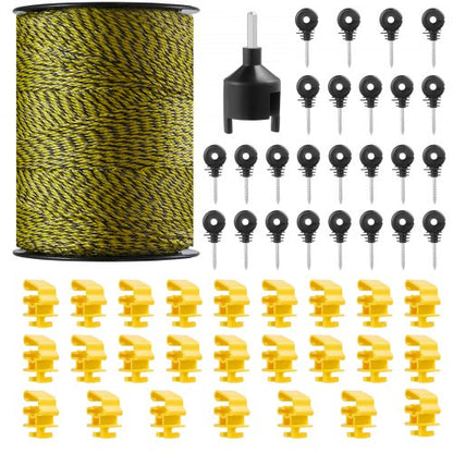 Electric Fence Wire, 1640Ft 500M Portable Polywire, 1/8" Diameter 6 Stainless Steel Strands, Fencing Rope Line with 25 Fence Insulators and 25 T-post Insulators, for Horse, Cattle, Livestock
