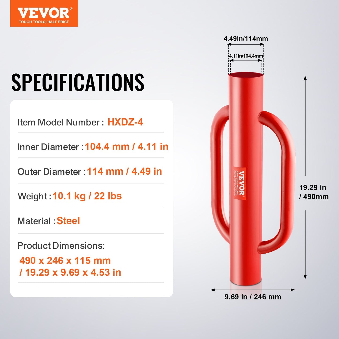 Fence Post Driver with Handles, 4.11 in Inner Diameter T Post Pole Pounder, 22LB Heavy Duty Carbon Steel Hand Post Rammer, Farm Fencing Hole Digger for U Channel, Sign Pole, Wooden Post, Red