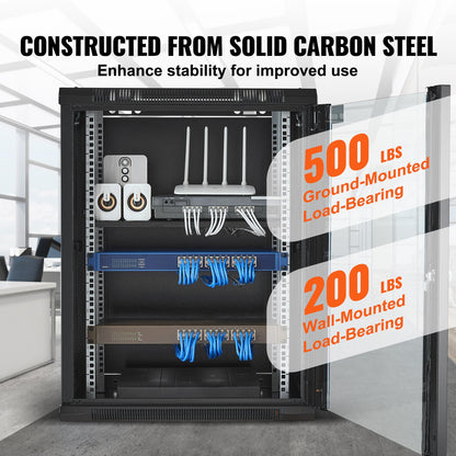 15U Wall Mount Network Cabinet, 500 lbs Max. Ground Load Capacity, Server Rack Cabinet Enclosure with Locking Tempered Glass Door, Side Panels, Q235 Carbon Steel, for IT Equipment, A/V Devices