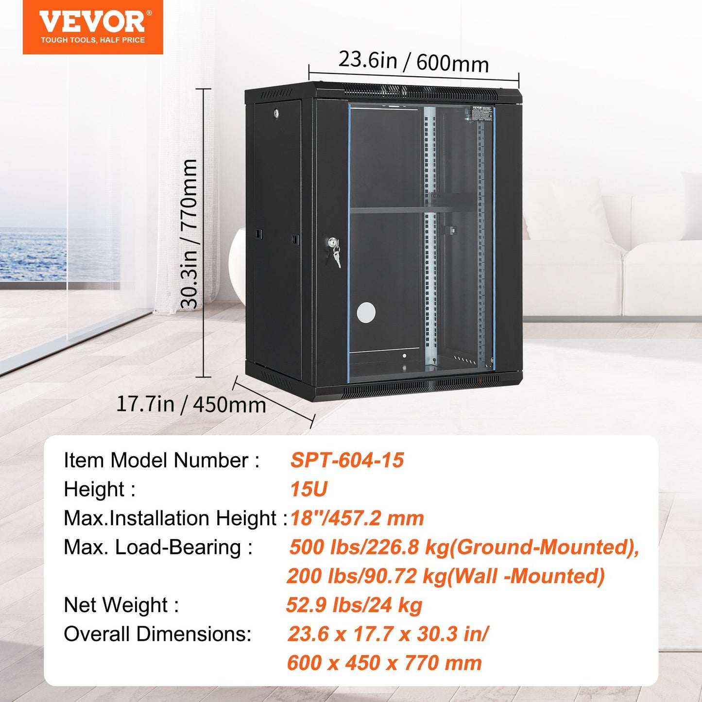 15U Wall Mount Network Cabinet, 500 lbs Max. Ground Load Capacity, Server Rack Cabinet Enclosure with Locking Tempered Glass Door, Side Panels, Q235 Carbon Steel, for IT Equipment, A/V Devices