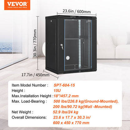15U Wall Mount Network Cabinet, 500 lbs Max. Ground Load Capacity, Server Rack Cabinet Enclosure with Locking Tempered Glass Door, Side Panels, Q235 Carbon Steel, for IT Equipment, A/V Devices
