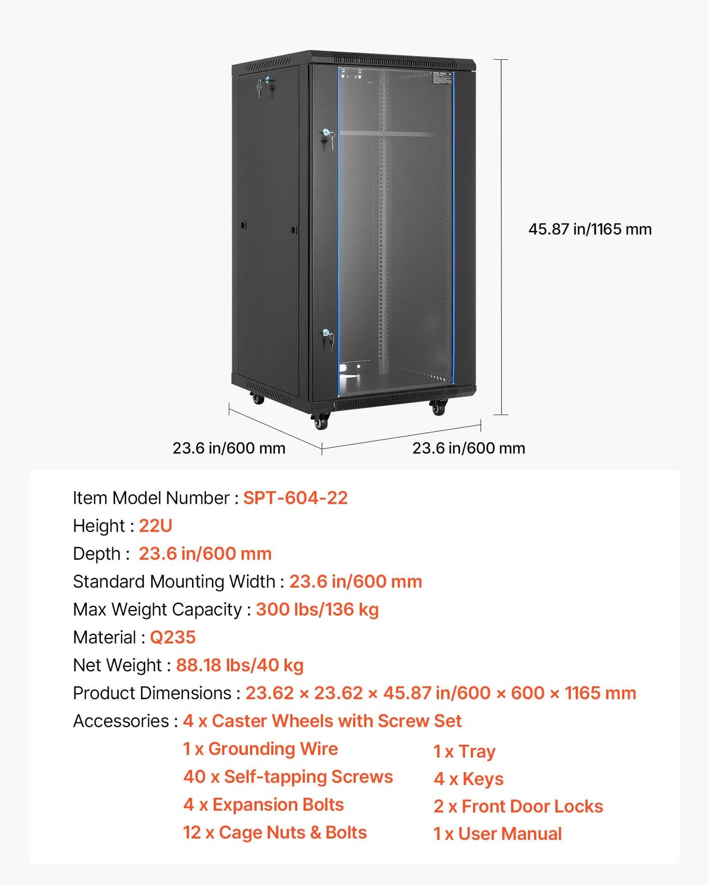 22U Network Cabinet Wall Mount, 23.6 in Depth, 300 lbs Max Load Capacity Server Cabinet Rack Enclosure with Locking Tempered Glass Door, Side Panels, Server Rack for IT Equipment, A/V Devices