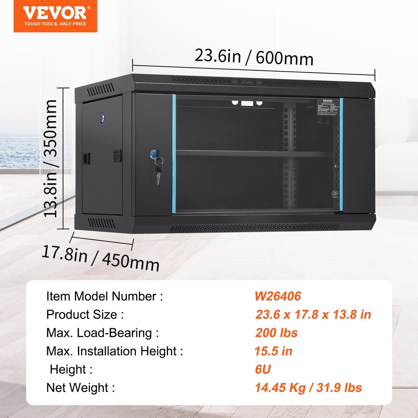 6U Wall Mount Network Server Cabinet, 15.5'' Depth, Server Rack Cabinet, 200 lbs Max. Floor Mounted Load Capacity, with Locking Glass Door Side Panels, for IT Equipment, A/V Devices