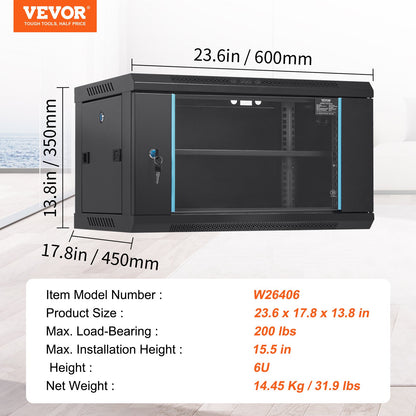 6U Wall Mount Network Server Cabinet, 15.5'' Depth, Server Rack Cabinet, 200 lbs Max. Floor Mounted Load Capacity, with Locking Glass Door Side Panels, for IT Equipment, A/V Devices