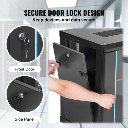 9U Wall-Mounted Server Network Cabinet, 15.5'' Depth, Secure Rack Enclosure, Supports up to 200 lbs, Features Lockable Glass Door and Side Panels, Ideal for IT and A/V Gear