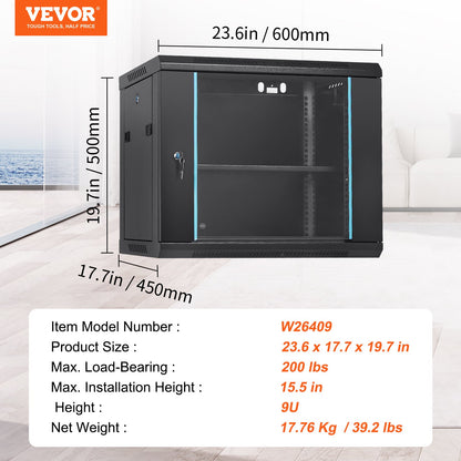 9U Wall-Mounted Server Network Cabinet, 15.5'' Depth, Secure Rack Enclosure, Supports up to 200 lbs, Features Lockable Glass Door and Side Panels, Ideal for IT and A/V Gear