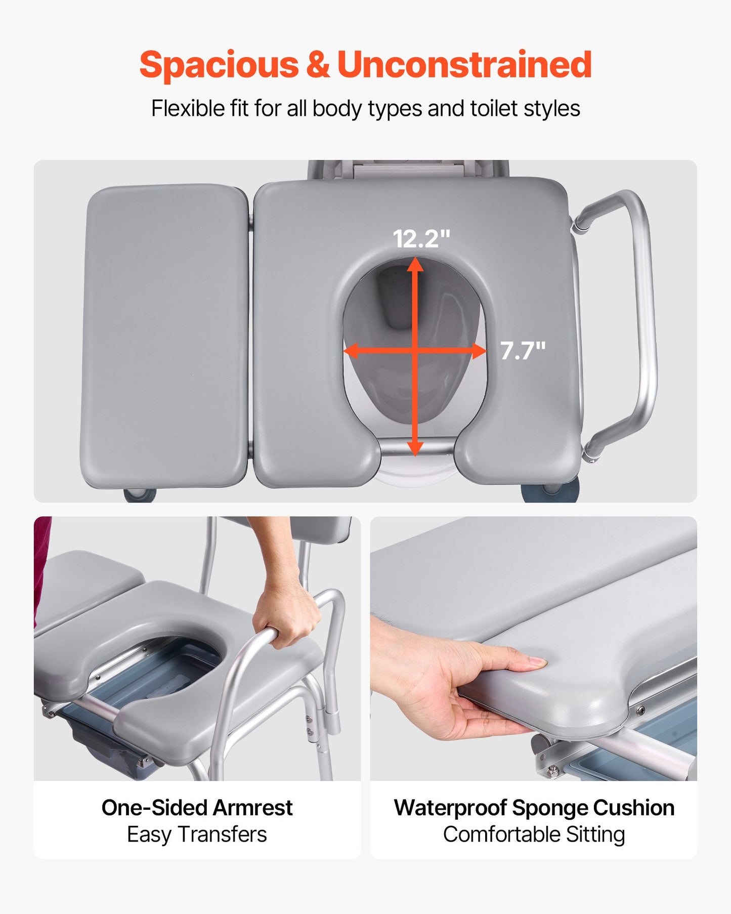 Bedside Commode Chair, 500 lbs Weight Capacity, 4-in-1 Portable Toilet and Raised Toilet Seat with Padded Seat and Backrest, Detachable 5L Bucket, Adjustable Height Adult Potty Chair for Seniors