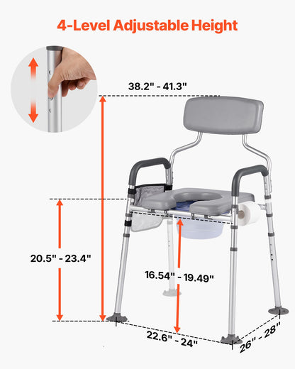 Bedside Commode Chair, 500 lbs Capacity, 4-in-1 Portable Toilet and Raised Toilet Seat with Padded Seat & Backrest, Detachable 5L Bucket, Adjustable Height & Width Adult Potty Chair for Seniors