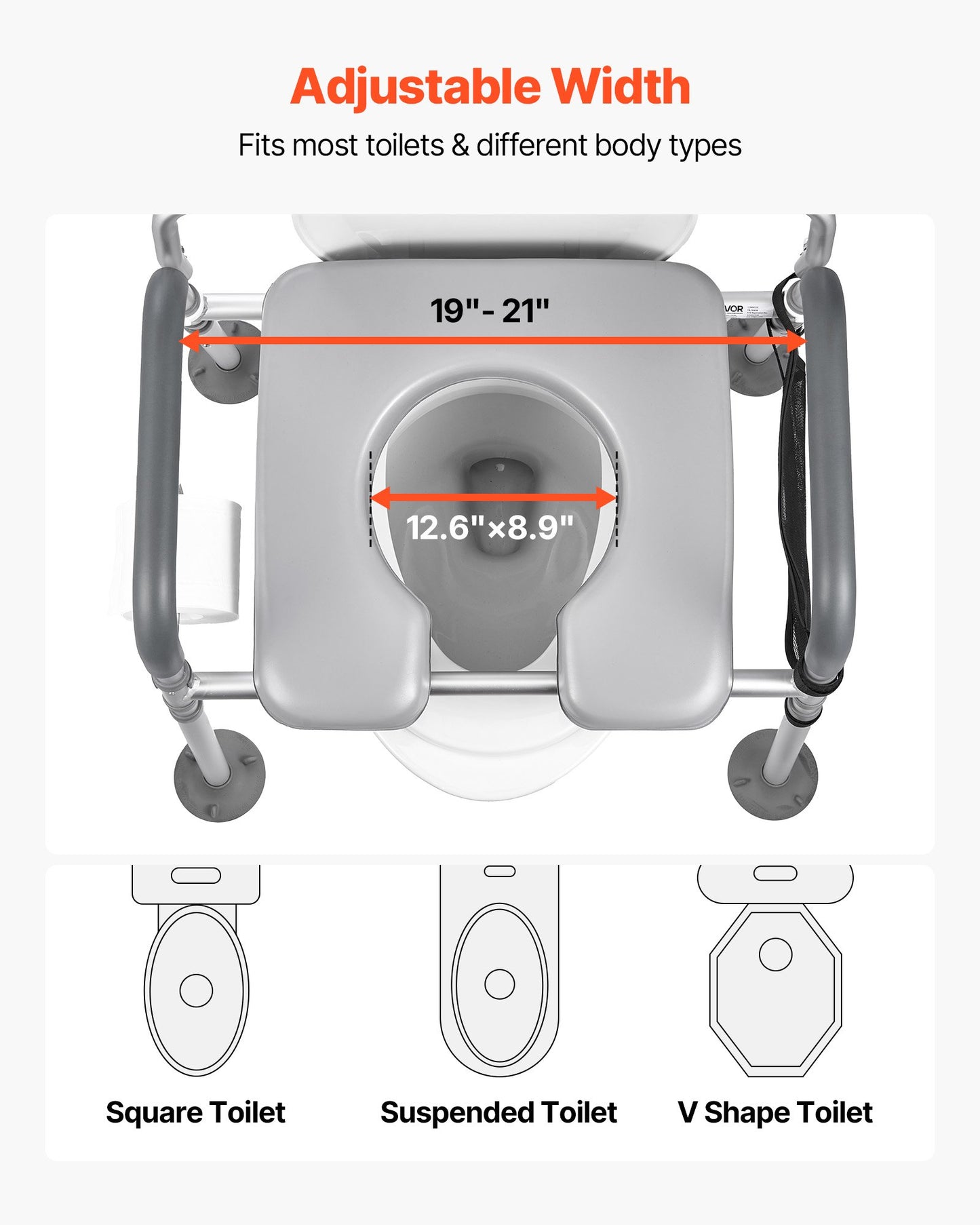 Bedside Commode Chair, 500 lbs Capacity, 4-in-1 Portable Toilet and Raised Toilet Seat with Padded Seat & Backrest, Detachable 5L Bucket, Adjustable Height & Width Adult Potty Chair for Seniors