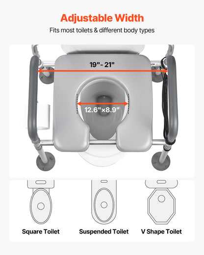 Bedside Commode Chair, 500 lbs Capacity, 4-in-1 Portable Toilet and Raised Toilet Seat with Padded Seat & Backrest, Detachable 5L Bucket, Adjustable Height & Width Adult Potty Chair for Seniors