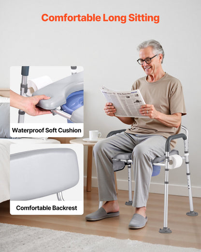 Bedside Commode Chair, 500 lbs Capacity, 4-in-1 Portable Toilet and Raised Toilet Seat with Padded Seat & Backrest, Detachable 5L Bucket, Adjustable Height & Width Adult Potty Chair for Seniors