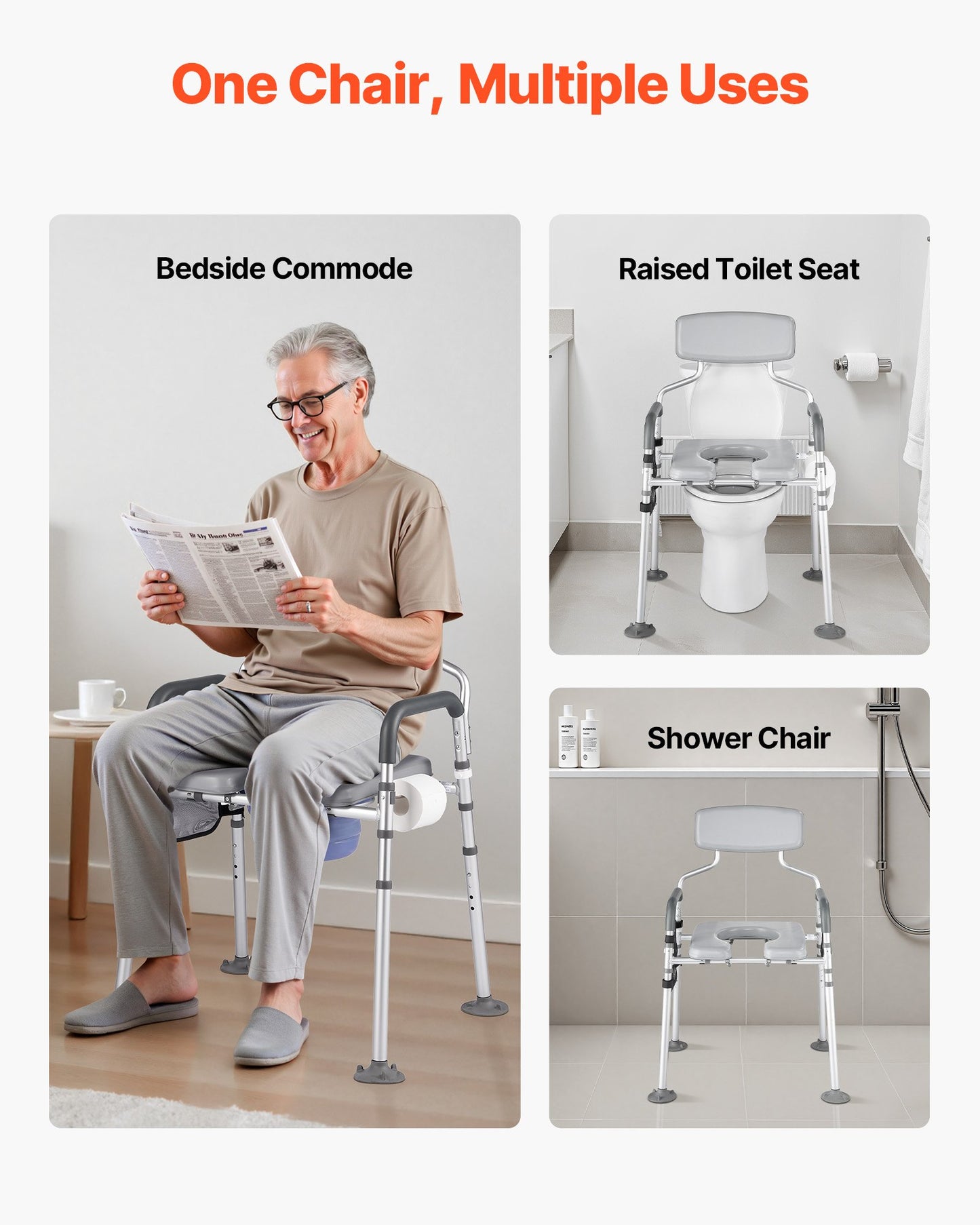 Bedside Commode Chair, 500 lbs Capacity, 4-in-1 Portable Toilet and Raised Toilet Seat with Padded Seat & Backrest, Detachable 5L Bucket, Adjustable Height & Width Adult Potty Chair for Seniors