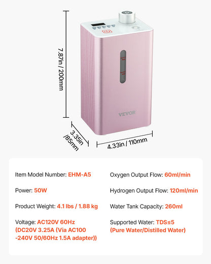 Hydrogen Inhalation Machine, 99.99% High Purity Hydrogen Inhaler, HO-Separated 180ml/min (120 H+60 O) Dual Port Hydrogen Oxygen Inhaler, Hydrogen-Rich Water Generator for Home Travel