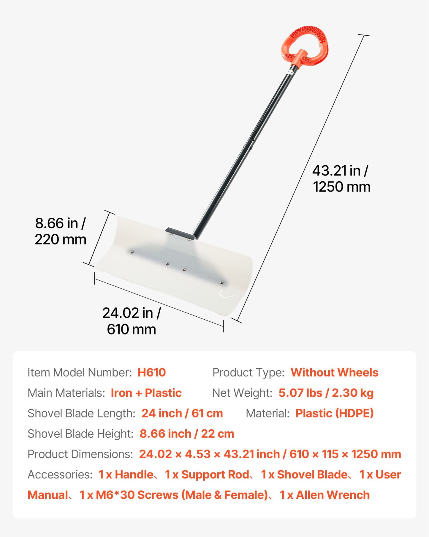 Snow Pusher Shovel, 24 in Wide Outdoor Snowplow Shovel with Ergonomic Grip, HDPE Plastic Blade, Winter Shovels with Segmented Handle, Portable Snow Removal Tool for Driveway Garden Camping