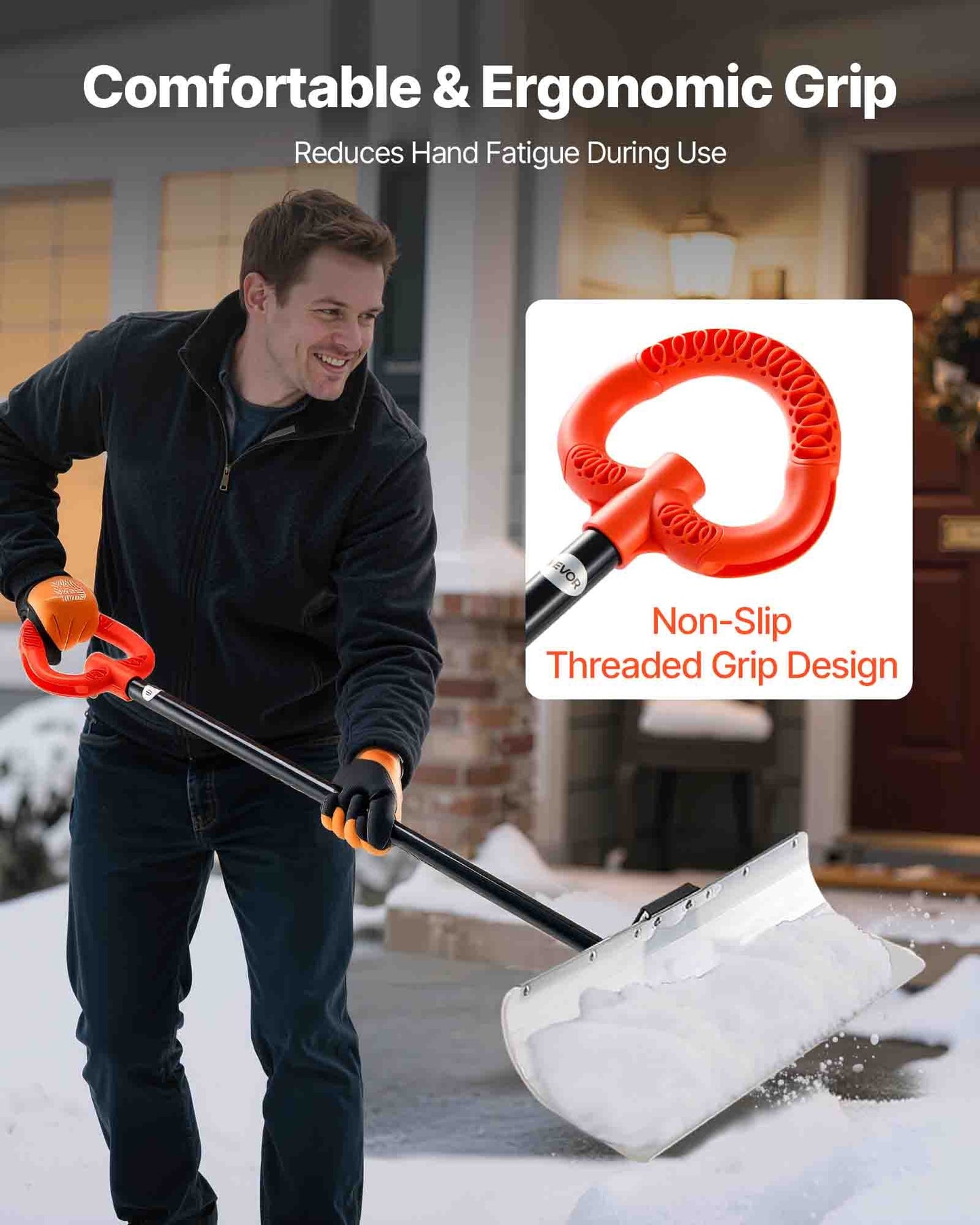 Snow Pusher Shovel, 30 in Outdoor Snowplow Shovel with Ergonomic Grip, HDPE Plastic Blade, Winter Shovels with Segmented Handle, Metal Edged Strip, Portable Snow Removal Tool for Driveway Garden