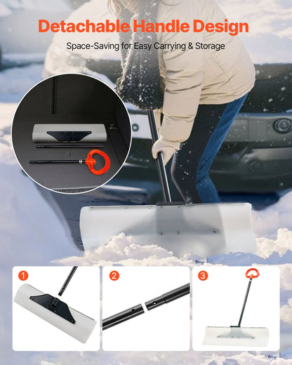 Snow Pusher Shovel, 30 in Outdoor Snowplow Shovel with Ergonomic Grip, HDPE Plastic Blade, Winter Shovels with Segmented Handle, Metal Edged Strip, Portable Snow Removal Tool for Driveway Garden