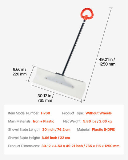 Snow Pusher Shovel, 30 in Outdoor Snowplow Shovel with Ergonomic Grip, HDPE Plastic Blade, Winter Shovels with Segmented Handle, Metal Edged Strip, Portable Snow Removal Tool for Driveway Garden