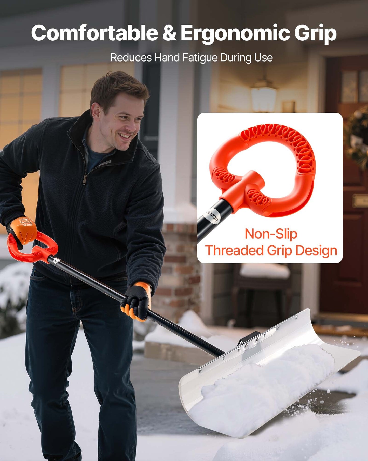 Snow Pusher Shovel, 36 in Outdoor Snowplow Shovel with Ergonomic Grip, HDPE Plastic Blade, Winter Shovels with Segmented Handle, Metal Edged Strip, Portable Snow Removal Tool for Driveway Garden