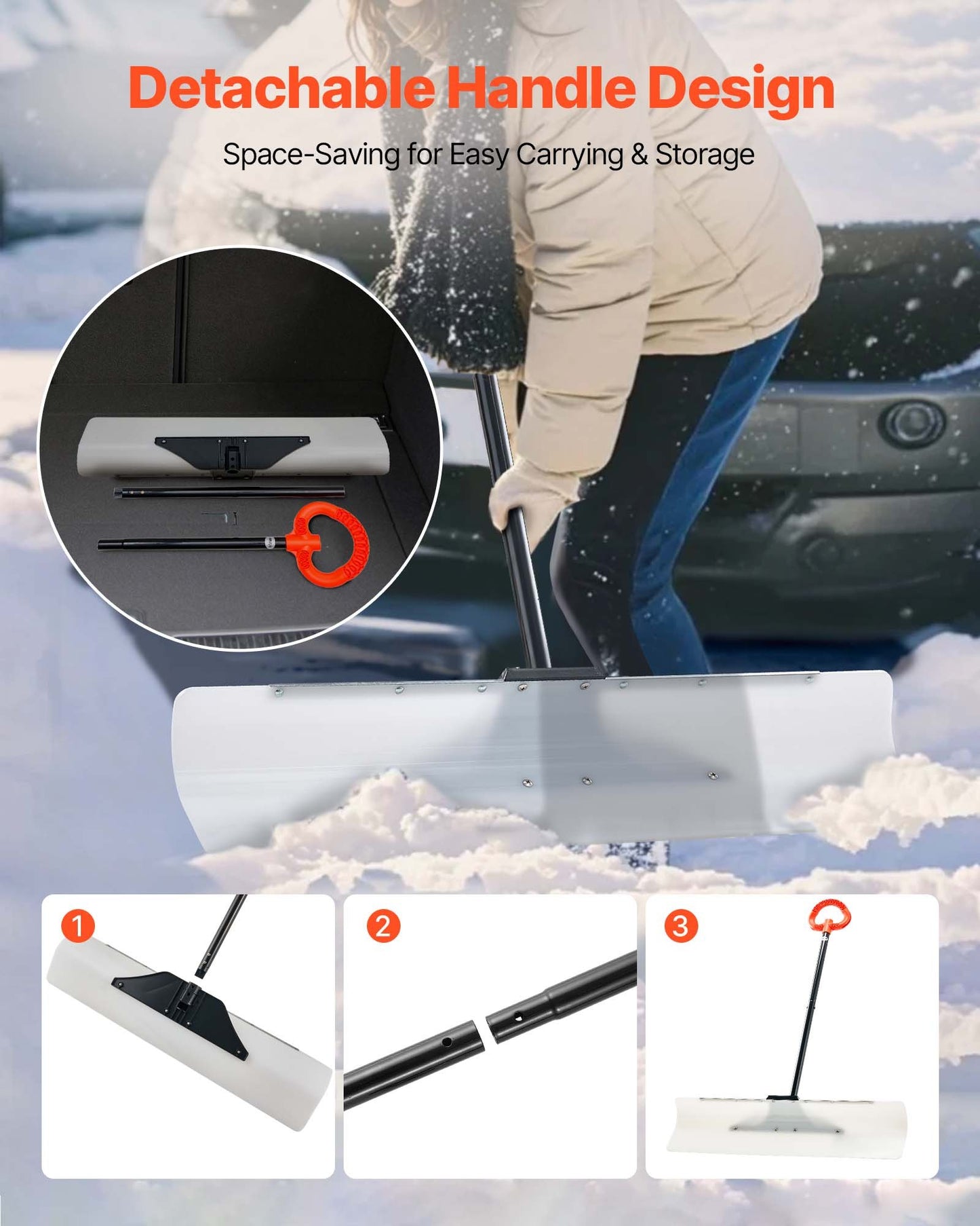 Snow Pusher Shovel, 36 in Outdoor Snowplow Shovel with Ergonomic Grip, HDPE Plastic Blade, Winter Shovels with Segmented Handle, Metal Edged Strip, Portable Snow Removal Tool for Driveway Garden