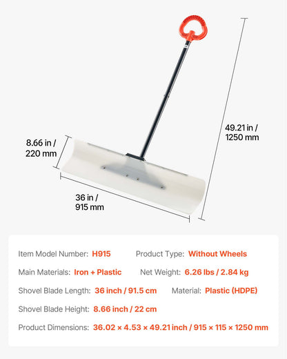 Snow Pusher Shovel, 36 in Outdoor Snowplow Shovel with Ergonomic Grip, HDPE Plastic Blade, Winter Shovels with Segmented Handle, Metal Edged Strip, Portable Snow Removal Tool for Driveway Garden