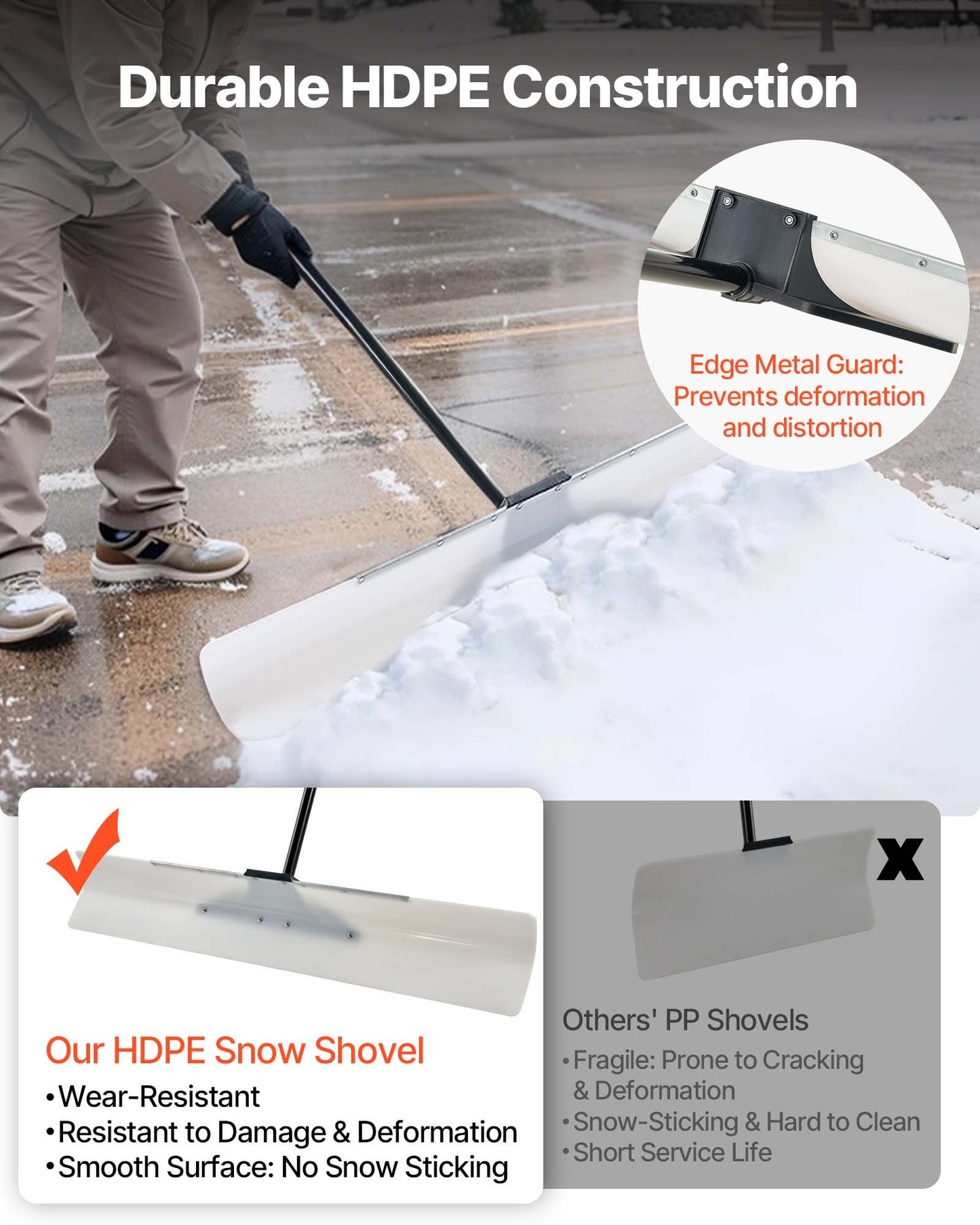 Snow Pusher Shovel, 48 in Outdoor Snowplow Shovel with Ergonomic Grip, HDPE Plastic Blade, Winter Shovels with Segmented Handle, Metal Edged Strip, Portable Snow Removal Tool for Driveway Garden