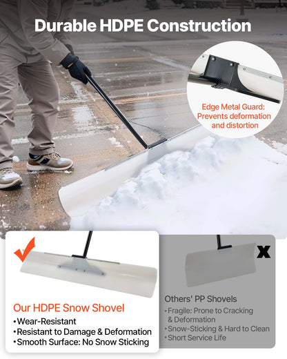 Snow Pusher Shovel, 48 in Outdoor Snowplow Shovel with Ergonomic Grip, HDPE Plastic Blade, Winter Shovels with Segmented Handle, Metal Edged Strip, Portable Snow Removal Tool for Driveway Garden