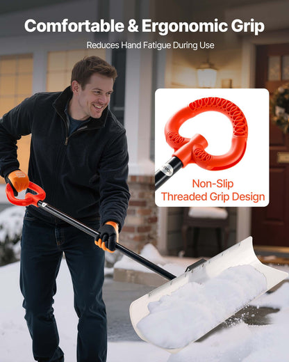 Snow Pusher Shovel, 48 in Outdoor Snowplow Shovel with Ergonomic Grip, HDPE Plastic Blade, Winter Shovels with Segmented Handle, Metal Edged Strip, Portable Snow Removal Tool for Driveway Garden