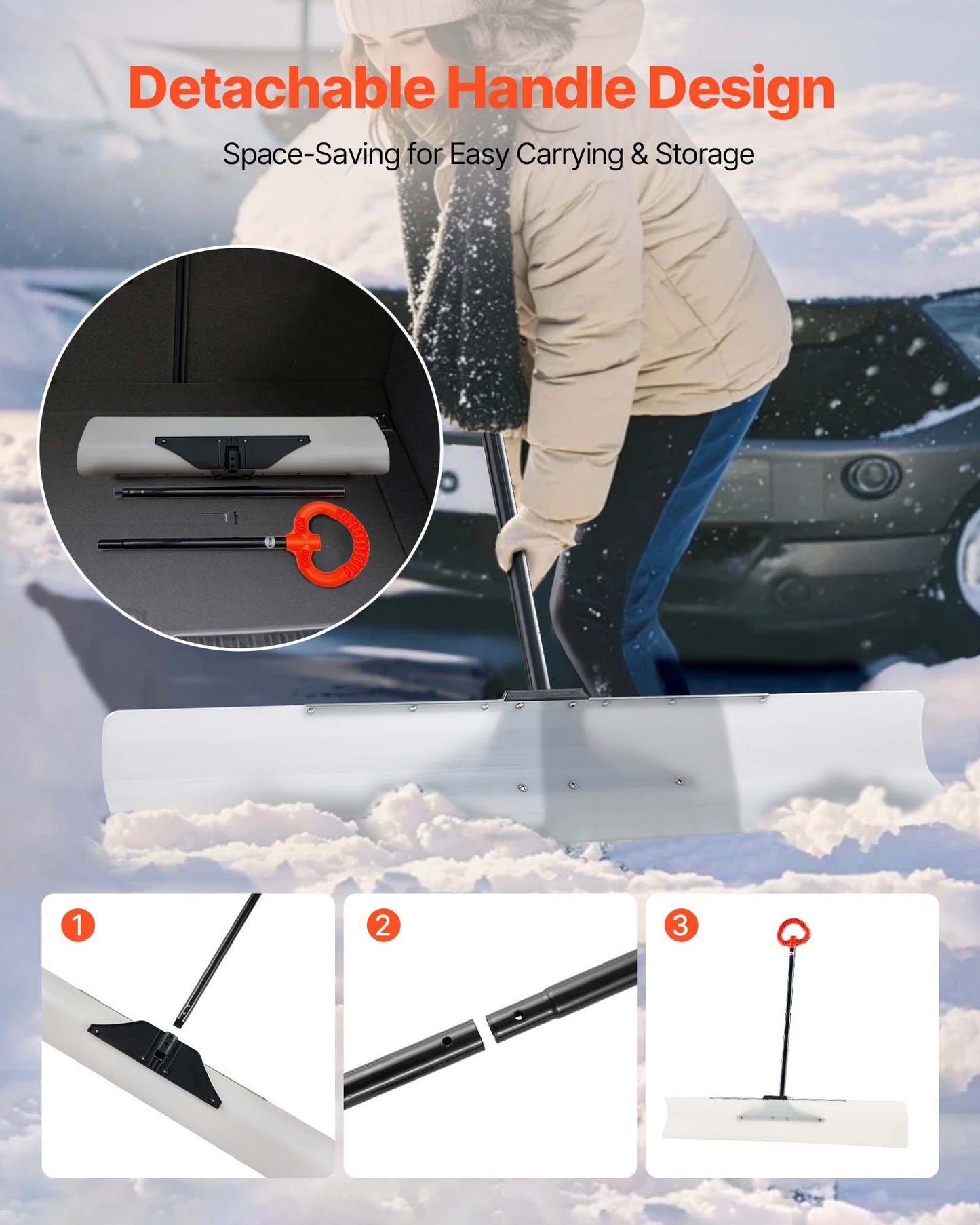 Snow Pusher Shovel, 48 in Outdoor Snowplow Shovel with Ergonomic Grip, HDPE Plastic Blade, Winter Shovels with Segmented Handle, Metal Edged Strip, Portable Snow Removal Tool for Driveway Garden
