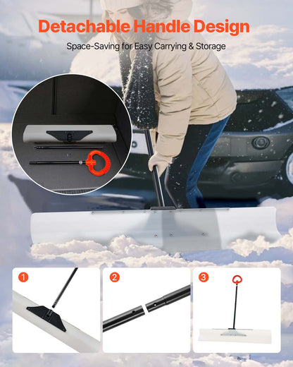 Snow Pusher Shovel, 48 in Outdoor Snowplow Shovel with Ergonomic Grip, HDPE Plastic Blade, Winter Shovels with Segmented Handle, Metal Edged Strip, Portable Snow Removal Tool for Driveway Garden