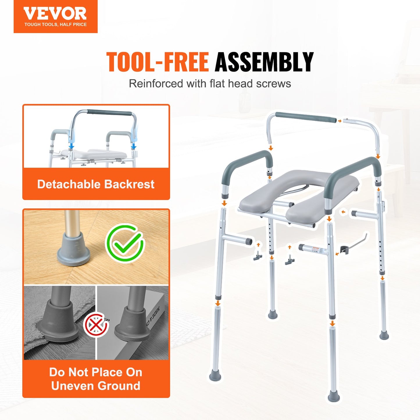 Commode Chair, Bedside Commode with Padded Seat and Arms, 7-Level Adjustable Height, 5.8L Removable Bucket, Easy to Assemble, 350 LBS Capacity, Raised Toilet Seat for Adults Seniors