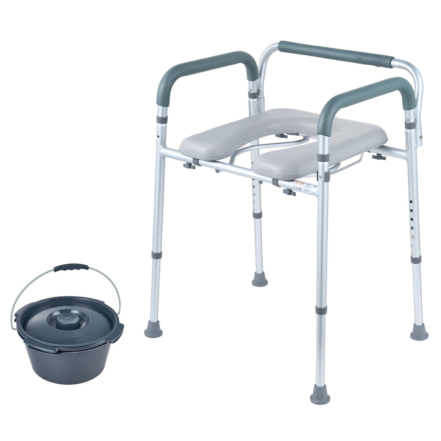 Toilettenstuhl, Nachttischstuhl mit gepolsterter Sitzfläche und Armlehnen, 7-stufig höhenverstellbar, 5,8 l abnehmbarer Eimer, einfach zu montieren, 158 kg Fassungsvermögen, erhöhter Toilettensitz für Erwachsene und Senioren