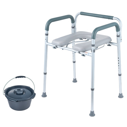 Toilettenstuhl, Nachttischstuhl mit gepolsterter Sitzfläche und Armlehnen, 7-stufig höhenverstellbar, 5,8 l abnehmbarer Eimer, einfach zu montieren, 158 kg Fassungsvermögen, erhöhter Toilettensitz für Erwachsene und Senioren