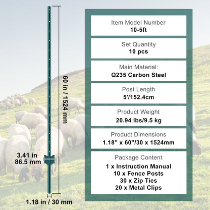 5 fot staketstolpe 10-pack T-stolpe Heavy Duty metall staketstolpar grön