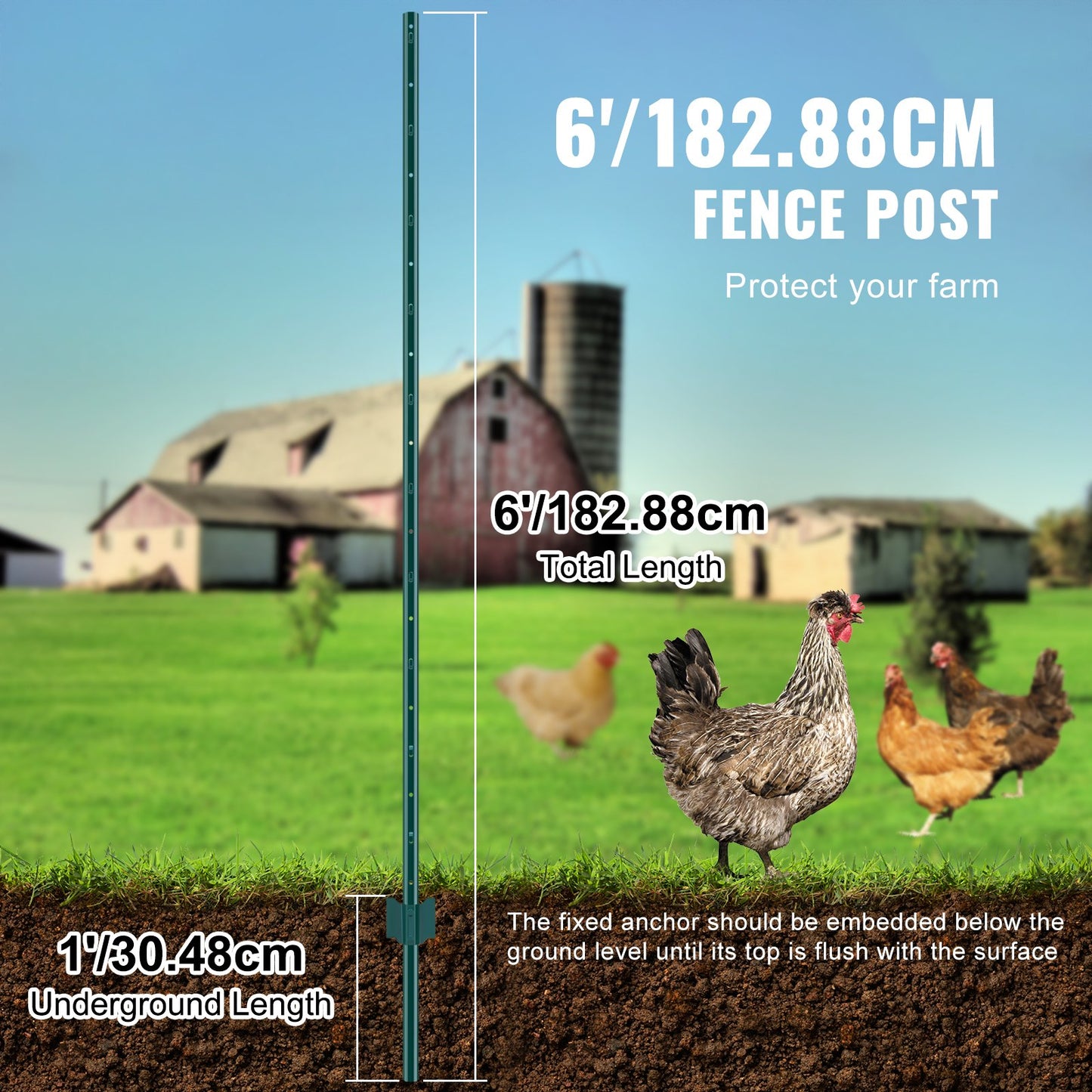 6 Feet Fence Post, 6 Pack U-Channel Heavy Duty Metal Fence Posts, Sturdy Steel Fence Stakes for Garden Yard, Lawn, Farms and Outdoor Wire Fencing, Green