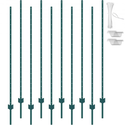 6 Feet Fence Post, 10 Pack U-Channel Heavy Duty Metal Fence Posts, Sturdy Steel Fence Stakes for Garden Yard, Lawn, Farms and Outdoor Wire Fencing, Green