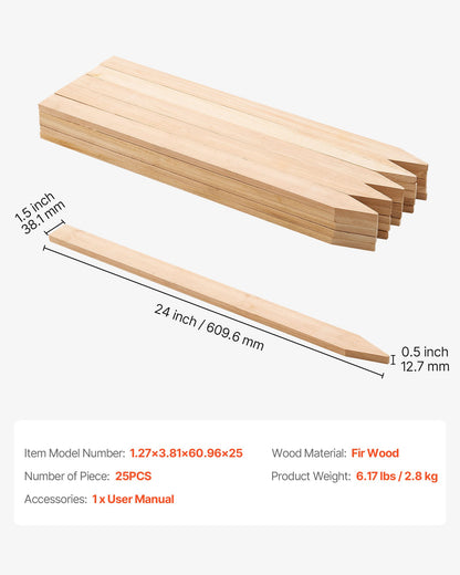 Wooden Garden Stakes, 25 Pcs 24 x 0.5 x1.5 in Survey Grading Stakes, Garden Ground Stake with Sharp Point, Fir Wood Plant Support Stake, Sign Posts for Silt Fence Backyard Boundaries Baselines