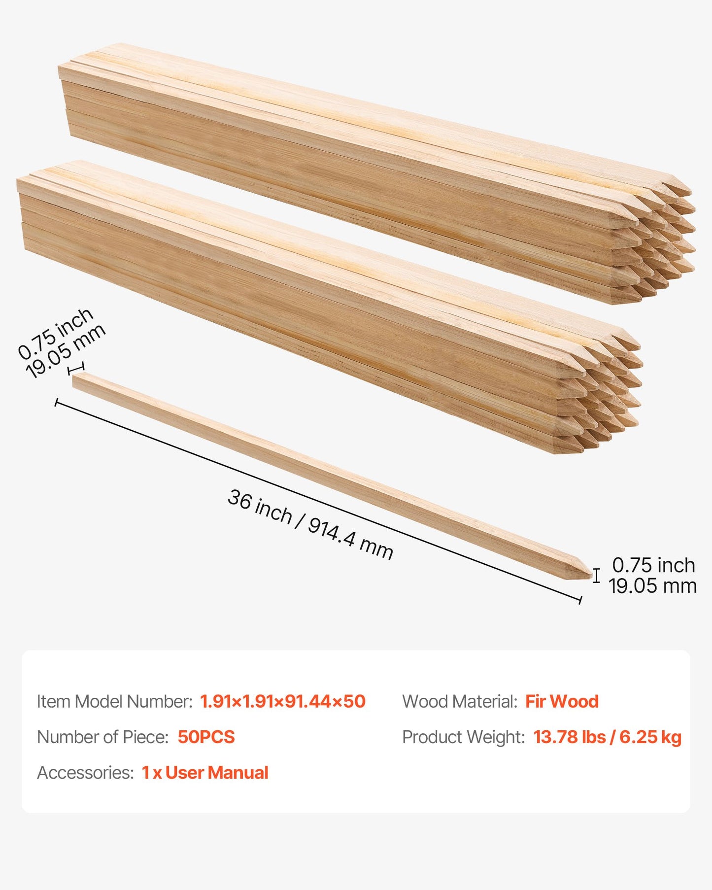 Wooden Garden Stakes, 50 Pcs 36x0.75x0.75 in Survey Grading Stakes, Garden Ground Stake with Sharp Point, Fir Wood Plant Support Stake, Sign Posts for Silt Fence Backyard Boundaries Baselines