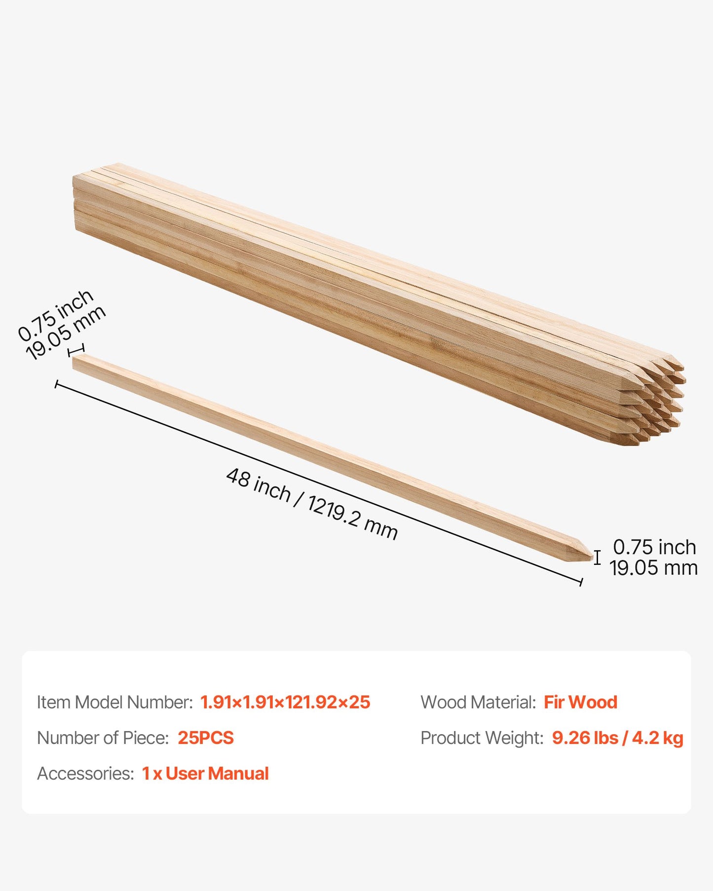 Wooden Garden Stakes, 25 Pcs 48x0.75x0.75 in Survey Grading Stakes, Garden Ground Stake with Sharp Point, Fir Wood Plant Support Stake, Sign Posts for Silt Fence Backyard Boundaries Baselines