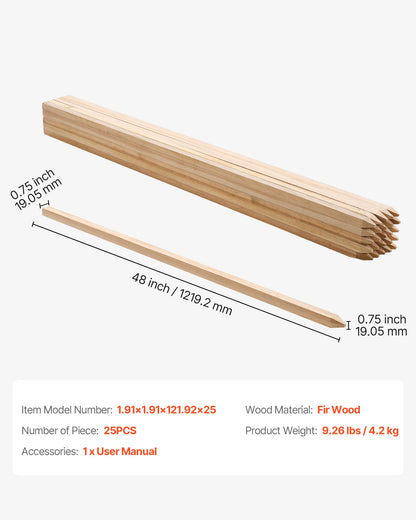 Wooden Garden Stakes, 25 Pcs 48x0.75x0.75 in Survey Grading Stakes, Garden Ground Stake with Sharp Point, Fir Wood Plant Support Stake, Sign Posts for Silt Fence Backyard Boundaries Baselines