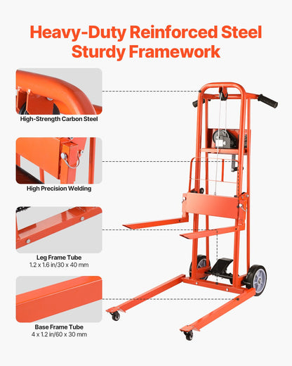 Material Lift Winch Stacker, 330lbs Capacity Pallet Truck Dolly, 42.9in Max Lifting Height Manual Winch Stacker, Multifunctional Manual Pallet Truck Stacker with Swivel Casters and Lift Plate