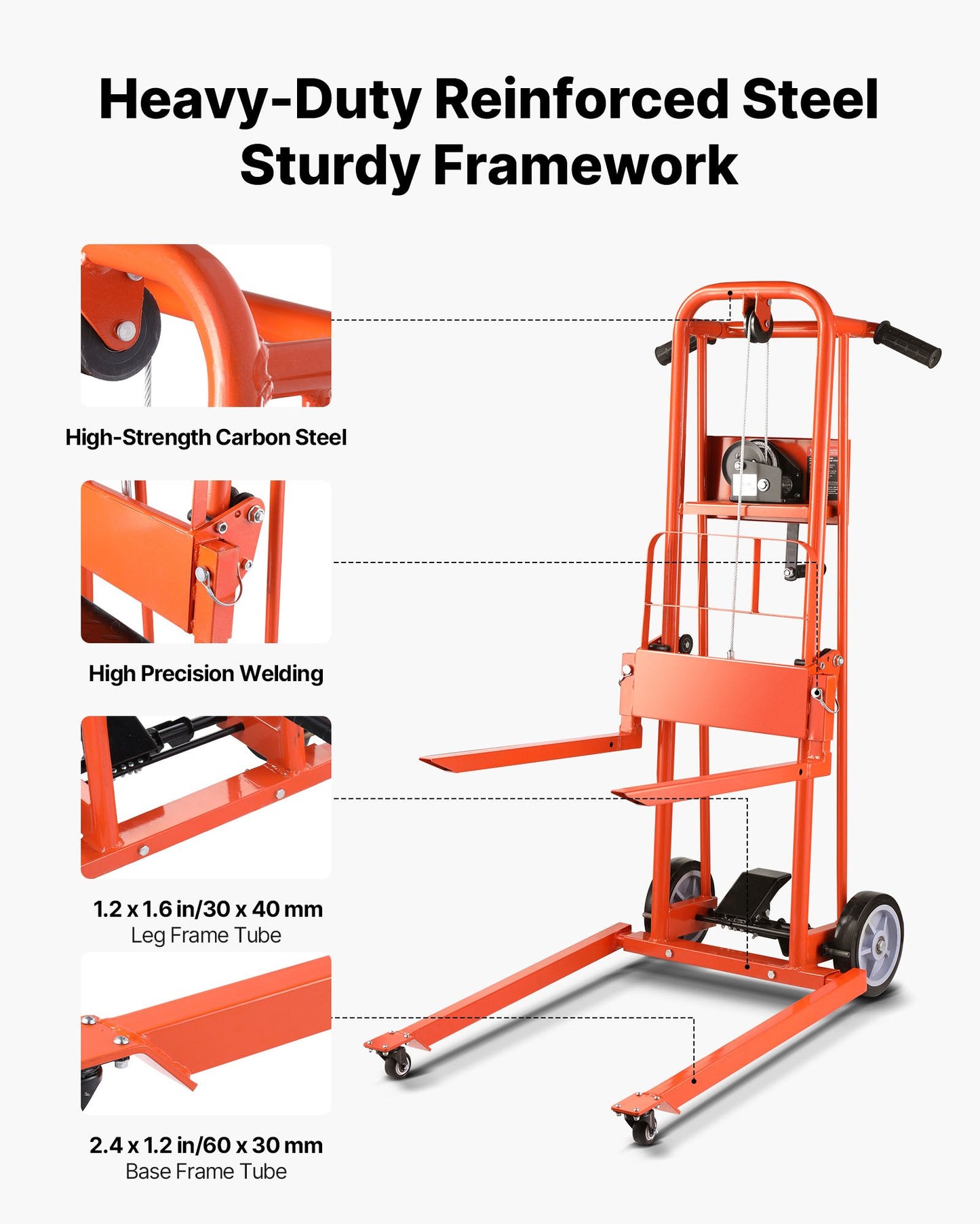 Material Lift Winch Stacker, 330 lbs Capacity Pallet Truck Dolly, 42.9 in Max Lifting Height Manual Winch Stacker, Multifunctional Manual Pallet Truck Stacker with Swivel Casters and Lift Plate