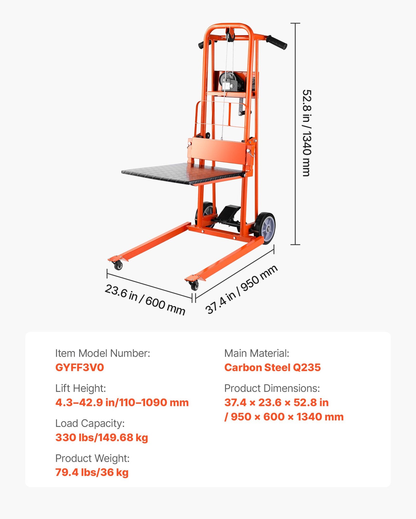 Material Lift Winch Stacker, 330 lbs Capacity Pallet Truck Dolly, 42.9 in Max Lifting Height Manual Winch Stacker, Multifunctional Manual Pallet Truck Stacker with Swivel Casters and Lift Plate