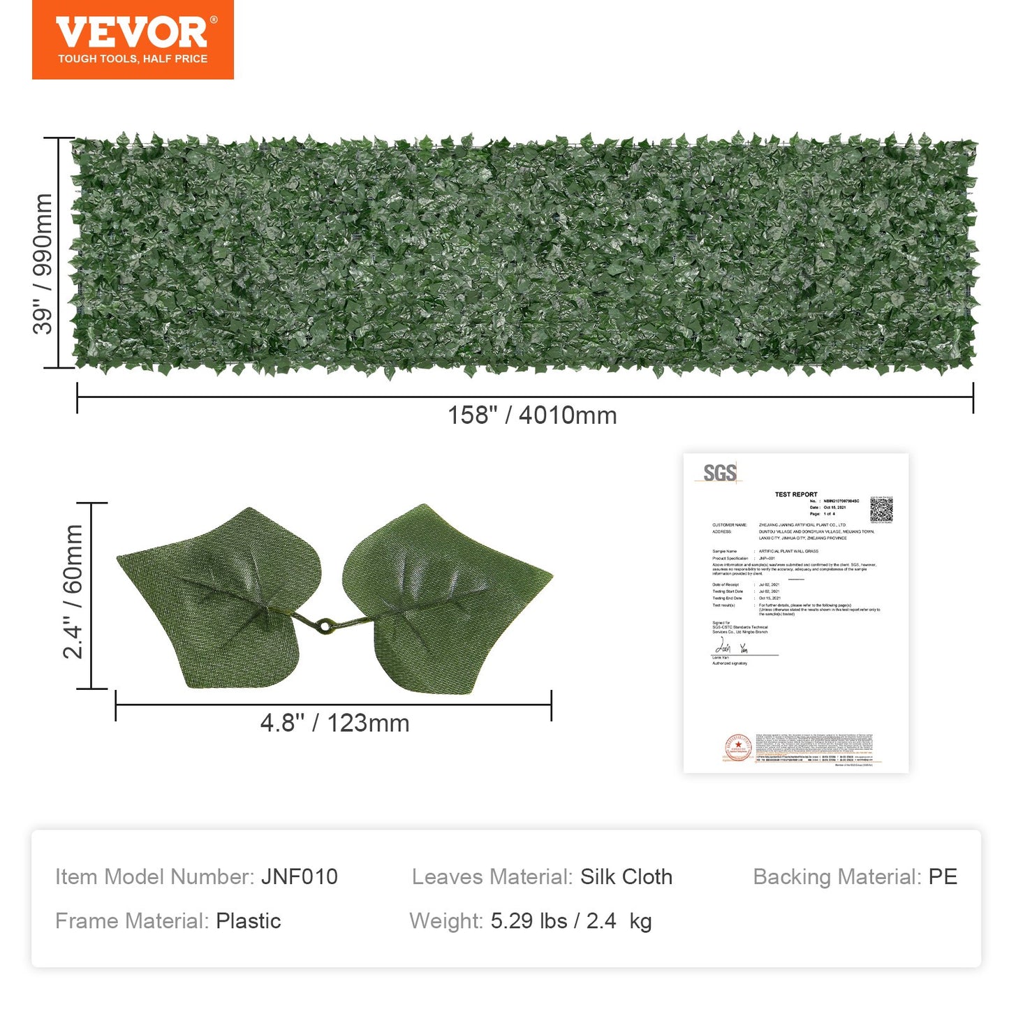Ivy Privacy Fence, 39 x 158in Artificial Green Wall Screen, Greenery Ivy Fence with Mesh Cloth Backing and Strengthened Joint, Faux Hedges Vine Leaf Decoration for Outdoor Garden, Yard, Balcony