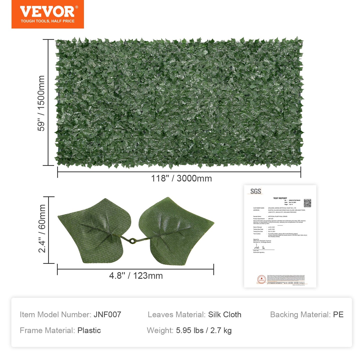 Privacy Ivy Fence, 59 x 118in Artificial Green Wall Screen, Greenery Ivy Fence with Mesh Cloth Backing and Strengthened Joint, Faux Hedges Vine Leaf Decoration for Outdoor Garden, Yard, Balcony