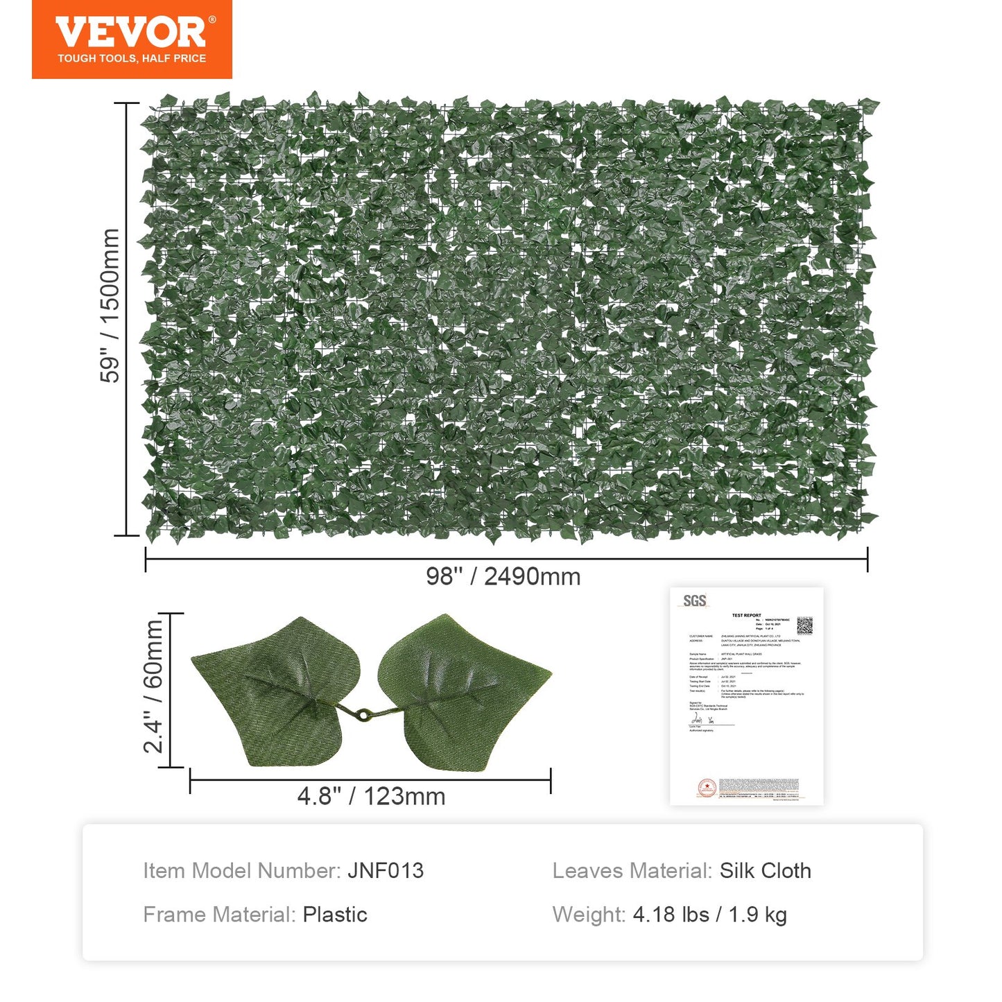 Ivy Privacy Fence, 59 x 98 in Artificial Green Wall Screen, Greenery Ivy Fence with Strengthened Joint, Faux Hedges Vine Leaf Decoration for Outdoor Garden, Yard, Balcony, Patio Decor