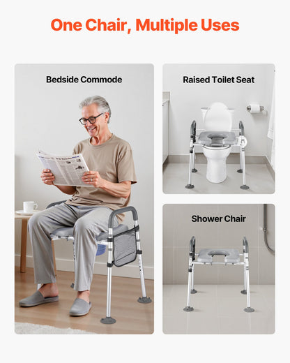Bedside Commode Chair, 500 lbs Capacity, 4-in-1 Portable Toilet and Raised Toilet Seat with Padded Seat & Armrest, Detachable 5L Bucket, Adjustable Height & Width Adult Potty Chair for Seniors