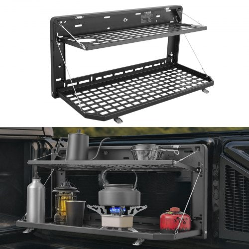 Tailgate Table, for 2007-2024 Jeep Wrangler JK, 100 lbs, Carbon Steel Foldable Molle Panel Double-Layer Drop Down Table, Rear Cargo Storage Rack Shelf Luggage Holder Carrier Camping Accessories