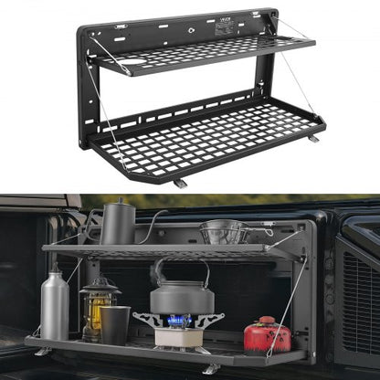 Tailgate Table, for 2007-2024 Jeep Wrangler JK, 100 lbs, Carbon Steel Foldable Molle Panel Double-Layer Drop Down Table, Rear Cargo Storage Rack Shelf Luggage Holder Carrier Camping Accessories