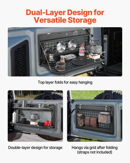 Tailgate Table, for 2007-2024 Jeep Wrangler JK, 100 lbs, Carbon Steel Foldable Molle Panel Double-Layer Drop Down Table, Rear Cargo Storage Rack Shelf Luggage Holder Carrier Camping Accessories