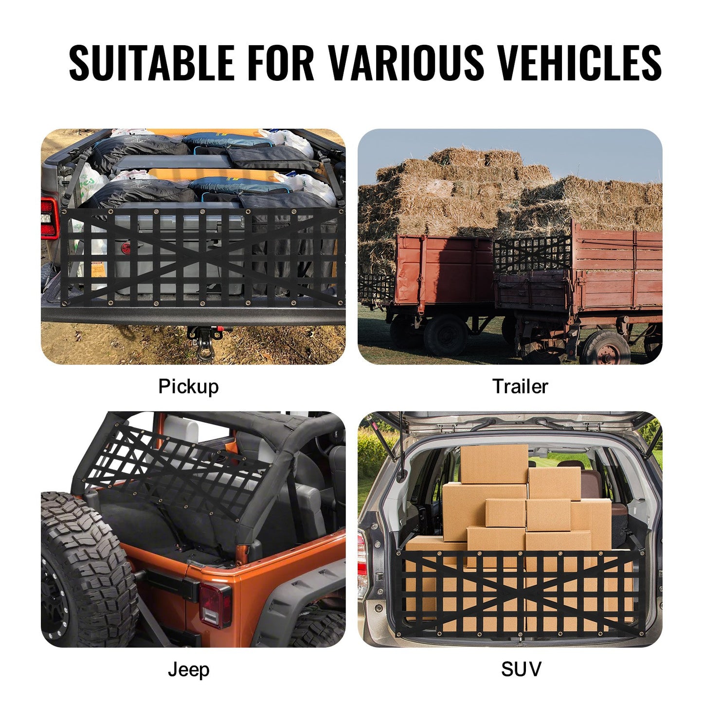 Tailgate Net, 54 in x 18 in, Heavy Duty Cargo Net for Truck Bed with 4 Adjustable Telescopic Straps, Cross-reinforced Design, Extendable & Durable, Suitable for Pickup, Truck, Trailer, Jeep, SUV
